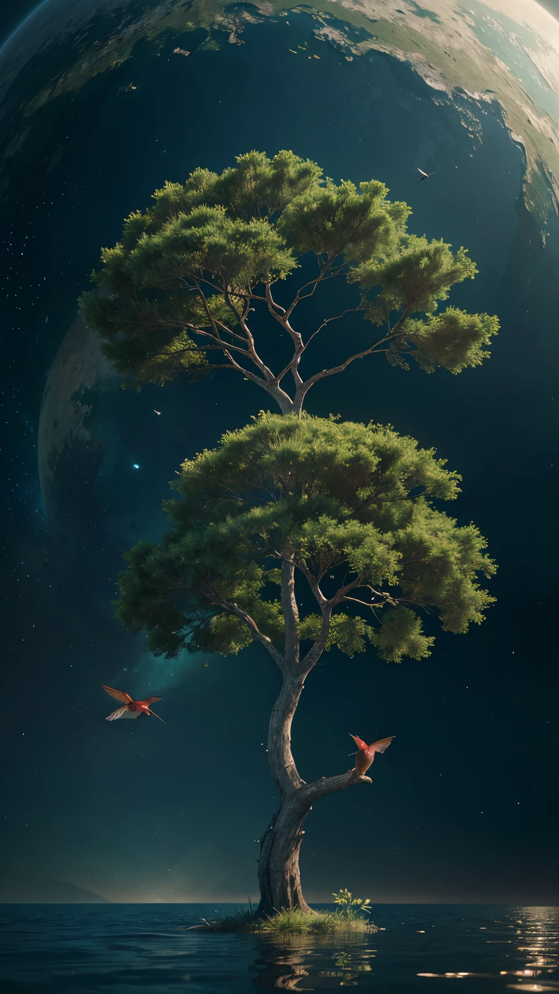 There is a tree standing in the water,A planet in the background, 4k highly detailed digital art, 4K HD Wallpapers Very Detailed, Fine Art UHD 4K, By Mike "Beeple" Winkelmann, avoid buzzer, 8k stunning artwork, 4K Beautiful Digital Art, Hummingbird Art, Fantasy Planet