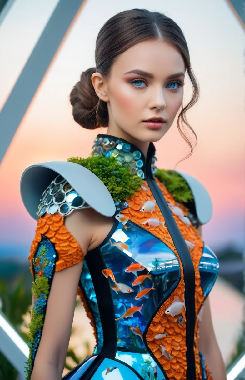 A harmonious blend of nature and technology. (Dress made from fish tank), . a futuristic realm. portrait, detailed eyes, ((on fashion podium)), posing for photo