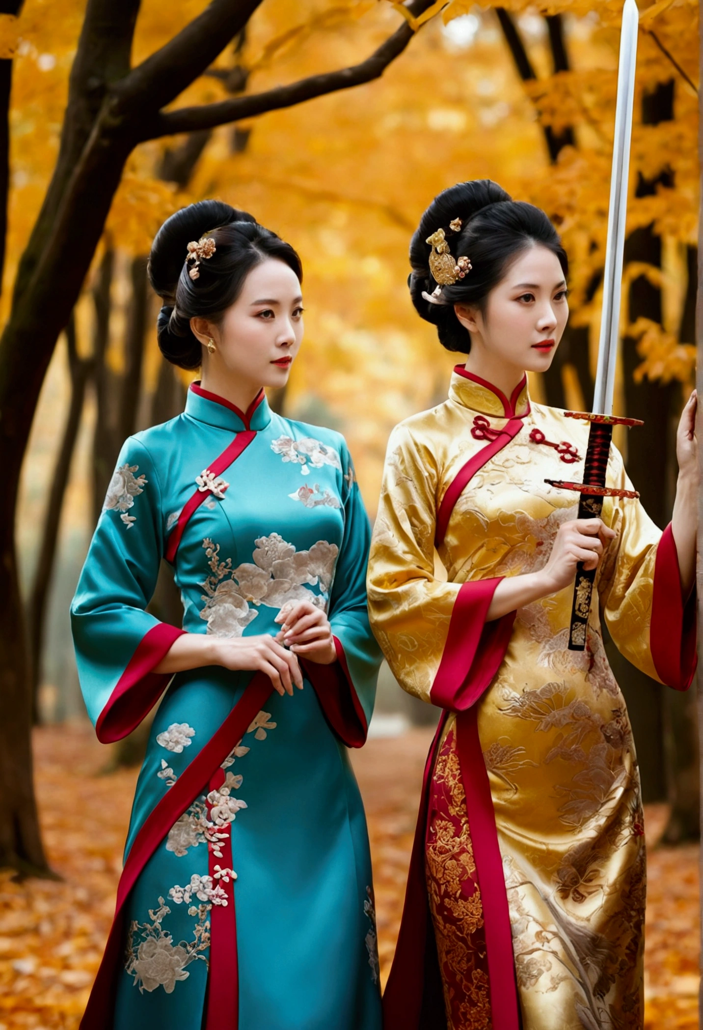 Mature royal sisters,antiquity,Light Cheongsam,Gold Hairpin,Second Dimension,Swinging a Sword,Late autumn forest