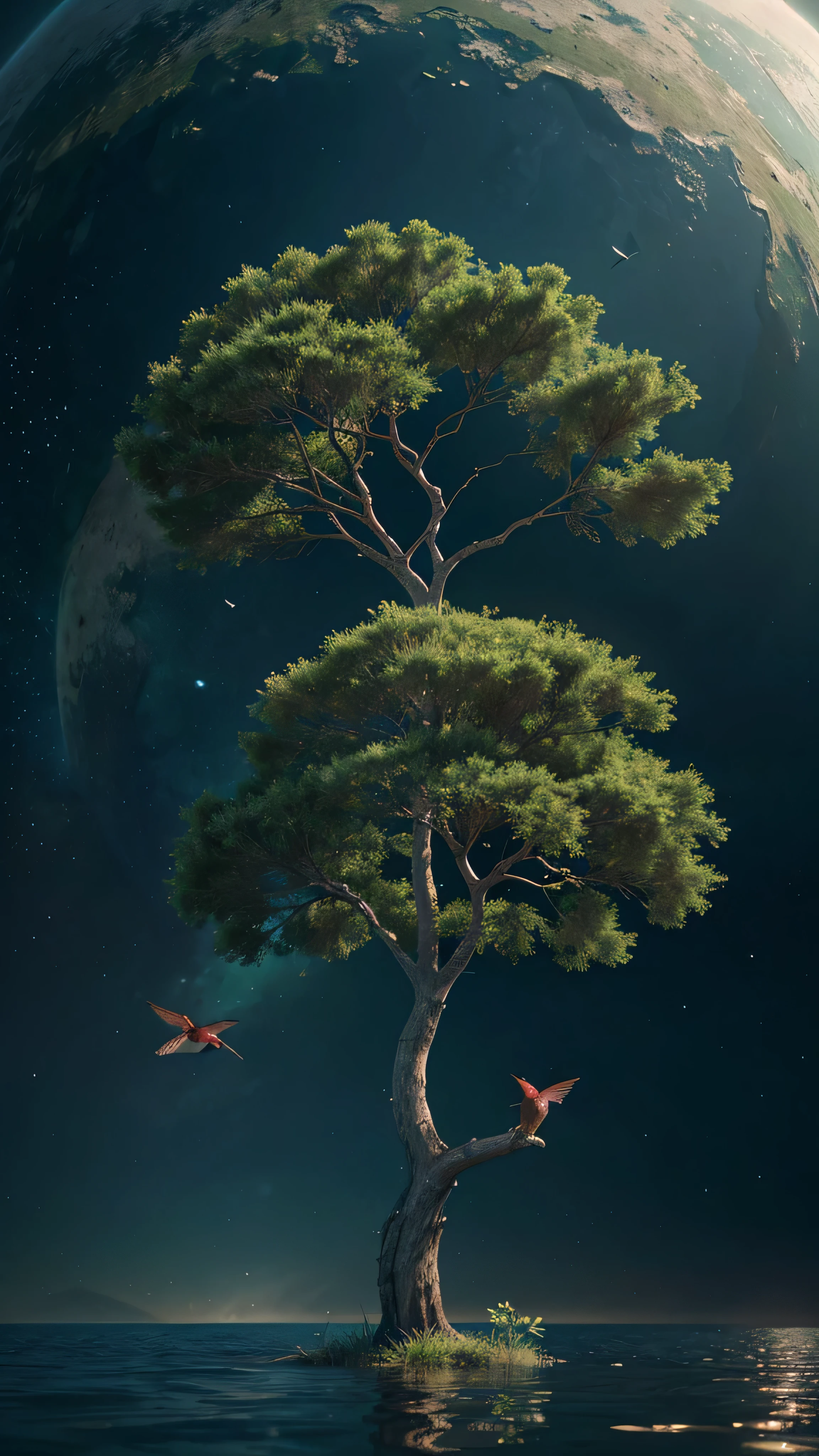 There's a tree standing in the water,A planet in the background, highly detailed digital art in 4k, Very detailed 4K HD wallpapers, Twelve artes UHD 4K, por Mike "beetle" Winkelmann, avoid the doorbell, Stunning 8k art, Bela arte digital 4K, Hummingbird art, fantasy planet