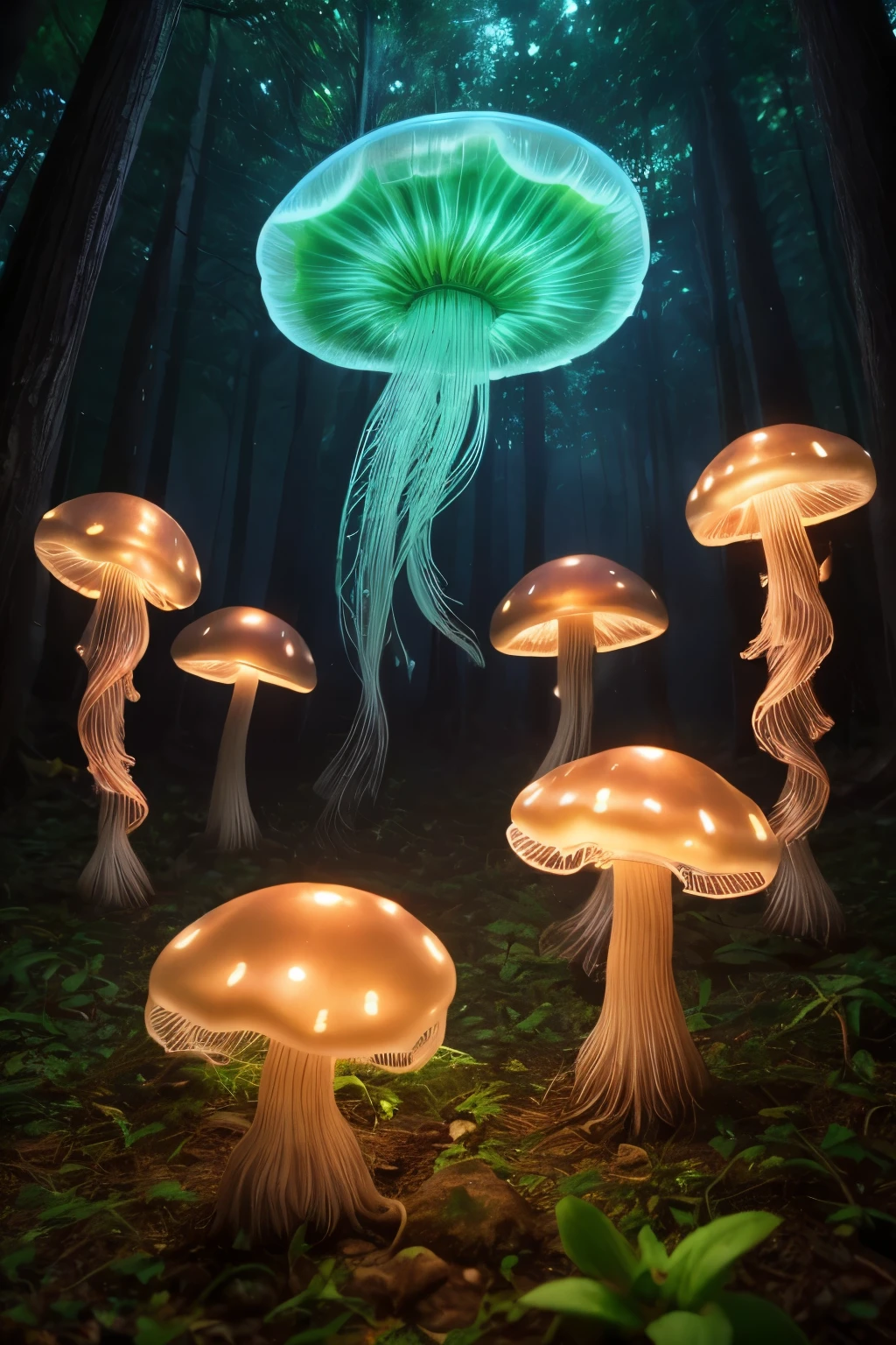 A jellyfish forest with mushrooms glowing in the dark, a forest fantasy in a nature scenery