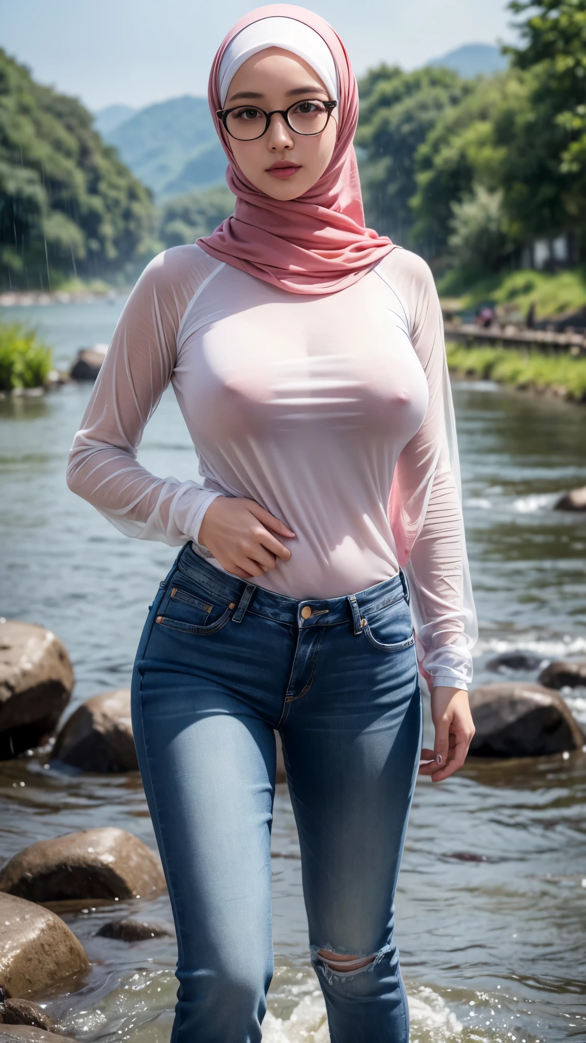 full body, (highest quality: 1.4), 32k resolution, (Realistic: 1.5), (Ultra-realistic: 1.5), UHD high resolution, (masterpiece: 1.2), (Enhanced quality: 1.4), 1 woman, Supermodel, , Bright Face, Soft lighting, Japanese Woman, 0 years old, Beautiful woman, action, ((hijab)), gravure, sexy, ((wearing long pink cuffs press body)), big breasts, prominent nipples, wet clothes exposed to rain, ((wearing jeans)), wearing transparent white-framed glasses, outdoors, heavy rain in the afternoon, bathing in the river