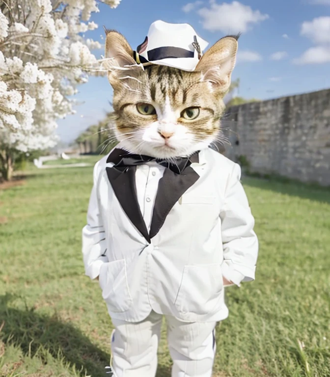 1 cat, realistis detail, hd detail, white hat , white toxedo, fat