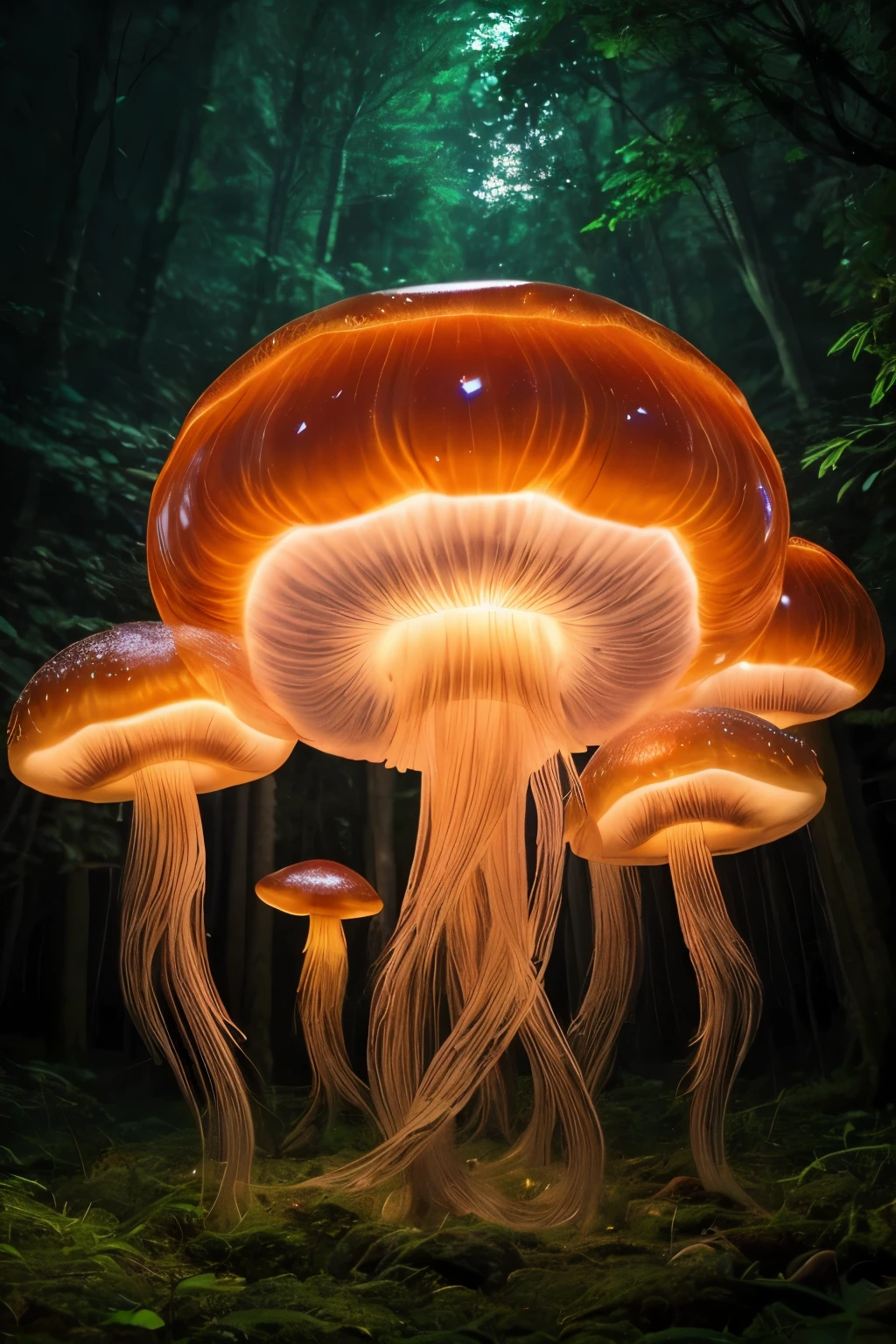 A jellyfish forest with mushrooms glowing in the dark, a forest fantasy in a nature scenery