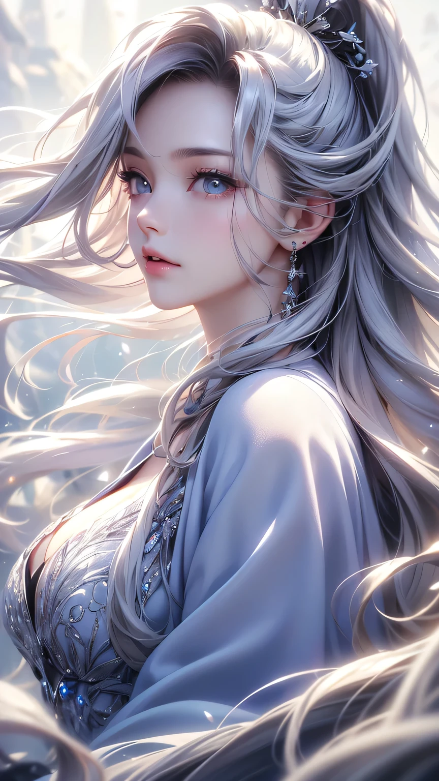 ((masterpiece:1.5、8k、Portraiture、Photorealistic and very detailed CG、Very detailed、Particle Effects、Dynamic Effects、Shallow depth of field、Cinematic Light、Lens flare、Ray Tracing、Tabletop、Realistic:1.4、Ultra-high resolution:1.2、Realistic、Realistic))((alone、Woman wearing a cashmere coat:1.4、Elegant woman posing、look up、Detailed face、brightexpression、young, bright, Whiter skin、small breasts、Beautiful cleavage、Best Looks、Ultimate beauty、Shiny silver hair with highlights、bright and shiny hair,、Super long, Silky straight hair、Hair dancing in the wind))(morning、The setting is outdoors in the snow、Surrounded by illuminations)