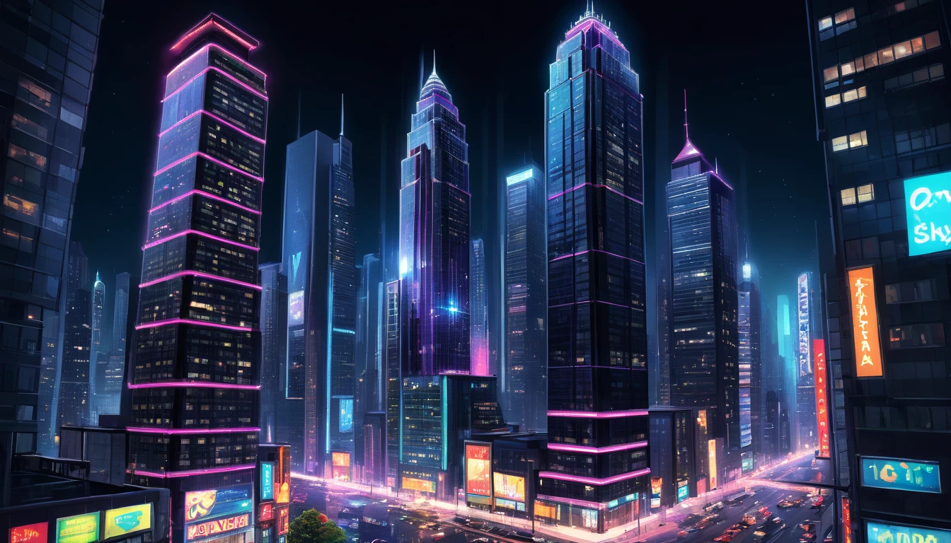 An illustration of a nighttime cityscape with skyscrapers. The windows of the tall buildings are sparkling with bright lights, creating a vibrant and energetic urban atmosphere. The scene includes streetlights and neon signs adding to the beautiful night view.