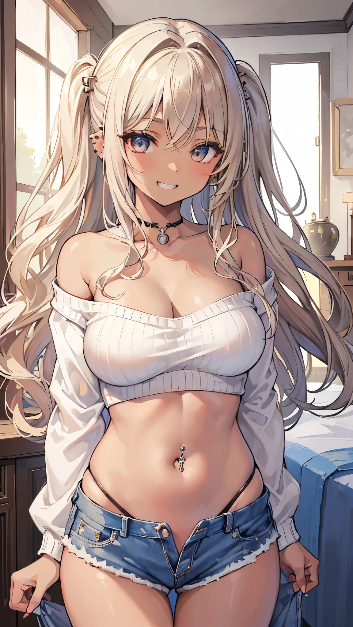 (masterpiece、Highest quality、Very detailed))、One girl、((Brown skin:1.3))、Blonde、Long Hair、Wavy Hair、Grey Eyes、evilsmile、((Grin))、((lots of piercing))、Large Breasts、cleavage、((white sweater))、Off the shoulder、Strapless、Cowboy Shot、((clothing lift))、belly button、((denim short shorts))、Bedroom Background