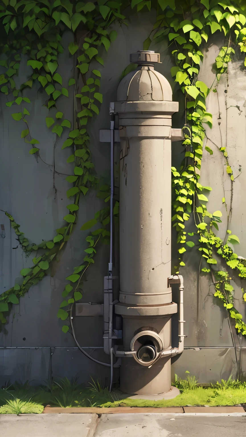 there is a fire hydrant sitting on the side of a brick wall, walls are covered with vines, concrete wall, concrete walls, concrete _ wall ) ], vines on the walls, dirty concrete wall, grunge wall, overgrown background, rough concrete walls, green wall, overgrown with flowers, cement brick wall background, overgrown ivy plants, overgrown with vines