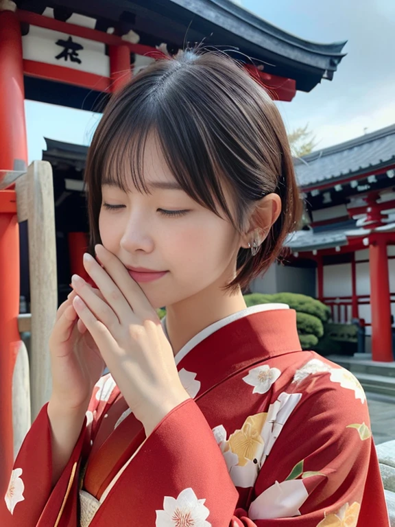 (She was wearing a beautiful and colorful red kimono.、Close-up portrait of a short-haired woman with blunt bangs:1.5)、(Woman praying with eyes closed at a Japanese shrine:1.5)、(A shrine in Japan with a winter sky:1.5)、(Perfect Anatomy:1.3)、(No mask:1.3)、(Full Finger:1.3)、36 years old、Slightly upturned、Married Woman Style、cute、Realistic、photograph、Tabletop、Highest quality、High resolution, Delicate and beautiful、Perfect Face、Beautiful attention to detail、Fair skin、Real human skin、pores、((Thin legs))、(Black Hair)