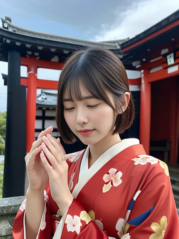 (She was wearing a beautiful and colorful red kimono.、Close-up portrait of a short-haired woman with blunt bangs:1.5)、(Woman praying with eyes closed at a Japanese shrine:1.5)、(A shrine in Japan with a winter sky:1.5)、(Perfect Anatomy:1.3)、(No mask:1.3)、(Full Finger:1.3)、36 years old、Slightly upturned、Married Woman Style、cute、Realistic、photograph、Tabletop、Highest quality、High resolution, Delicate and beautiful、Perfect Face、Beautiful attention to detail、Fair skin、Real human skin、pores、((Thin legs))、(Black Hair)