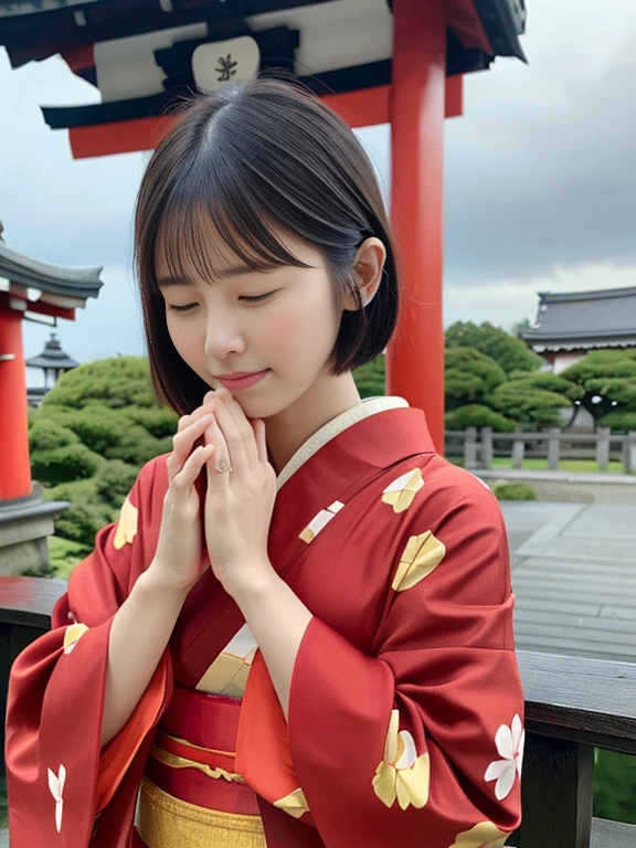 (She was wearing a beautiful and colorful red kimono.、Close-up portrait of a short-haired woman with blunt bangs:1.5)、(Woman praying with eyes closed at a Japanese shrine:1.5)、(A shrine in Japan with a winter sky:1.5)、(Perfect Anatomy:1.3)、(No mask:1.3)、(Full Finger:1.3)、36 years old、Slightly upturned、Married Woman Style、cute、Realistic、photograph、Tabletop、Highest quality、High resolution, Delicate and beautiful、Perfect Face、Beautiful attention to detail、Fair skin、Real human skin、pores、((Thin legs))、(Black Hair)