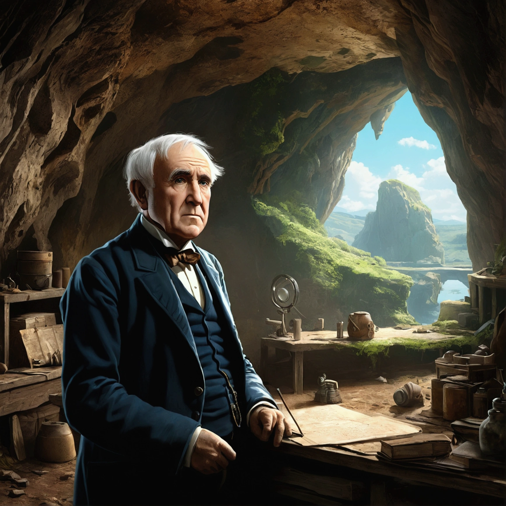 ((Domestically human))Abandoned cave: Novel-style, Rempie, mystery, Individuality, Unique places, Closed, Horizontal view  (translation:1.25), Illustration of Thomas Edison portrait, Art Station, CG_animation,