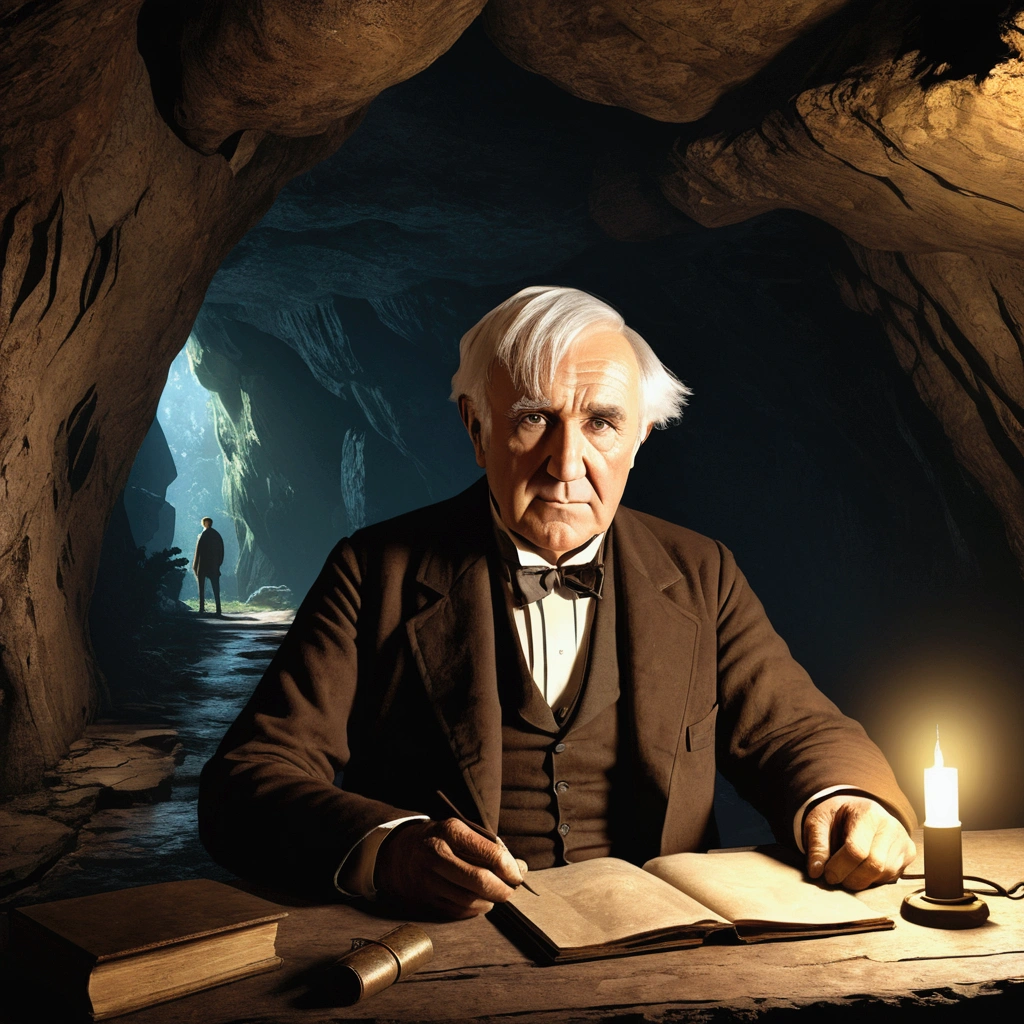 ((Domestically human))Abandoned cave: Novel-style, Rempie, mystery, Individuality, Unique places, Closed, Horizontal view (translation:1.25), Illustration of Thomas Edison portrait, Art Station, CG_animation,
