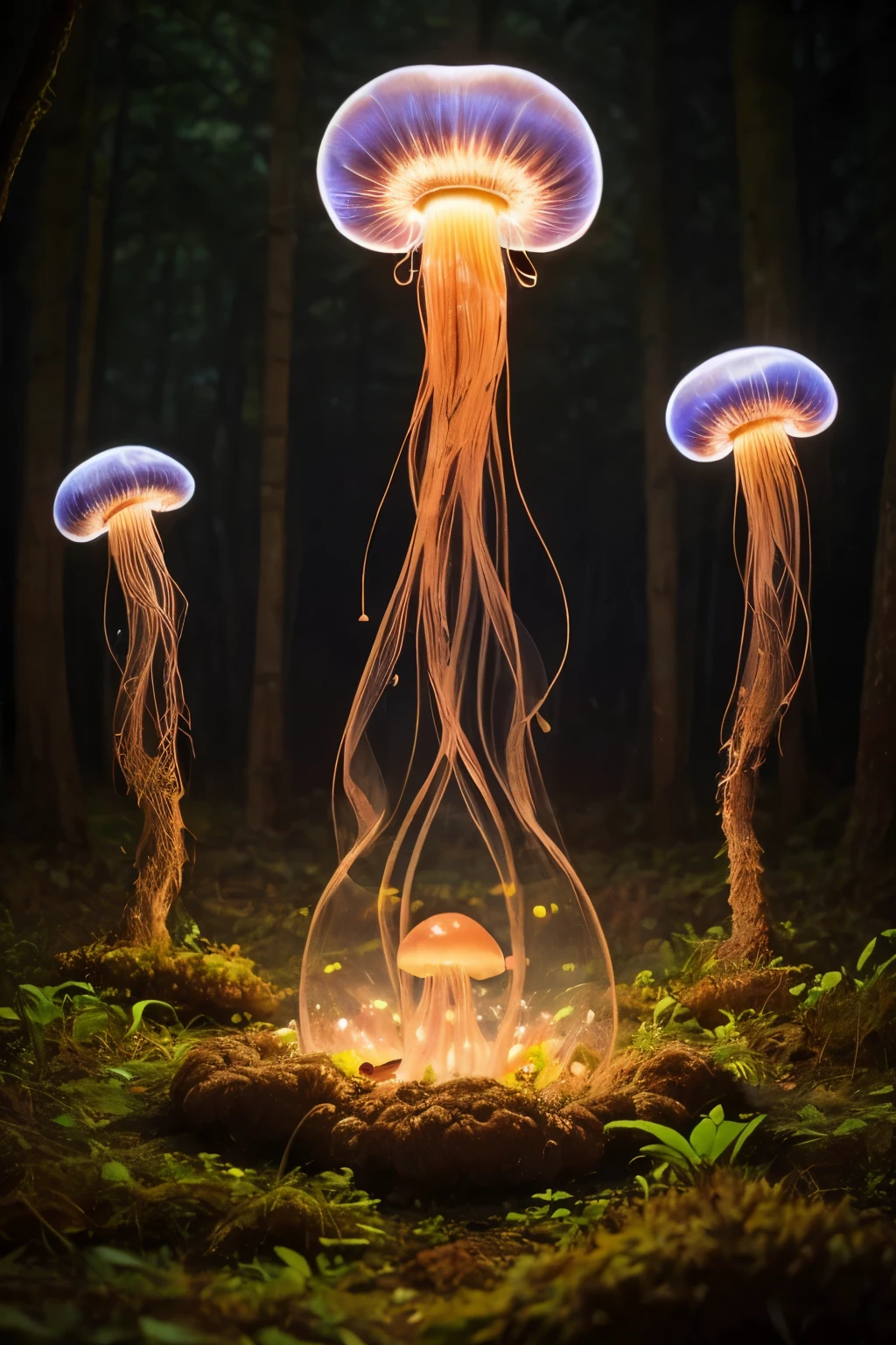 A jellyfish forest with mushrooms glowing in the dark, a forest fantasy in a nature scenery
