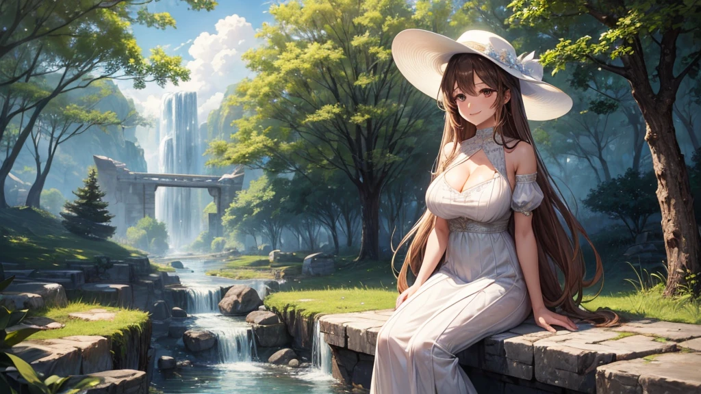 1girl, solo, full body, rural landscape, village, trees, sun, water stream, clouds, fantasy, chestnut hair, long hair, huge breasts, white dress, cleavage 1:3, elegant white hat, brown eyes, smile, looking at the viewer, sitting on a stone