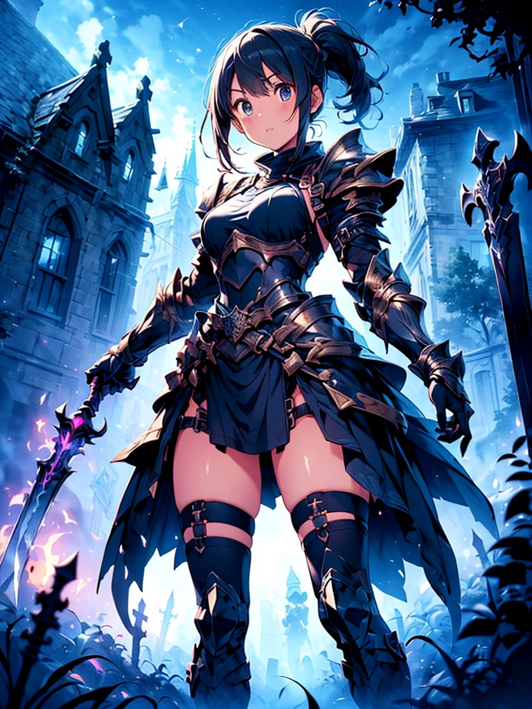 (((masterpiece, best quality, high detailed, 8k))) Design a layout showcase Gaming character, (1skinny girl). Black+Gold armor, stylish and unique. ((showcase weapon:1.4)), dark scythe. (masterpiece:1.2), (best quality), 4k, ultra-detailed. (Step by step design, layout art:1.5), (luminous lighting, atmospheric lighting). necromancer, ((glove full hands)), (((revealing armor:1.3))), vambraces, armored legwear, (((full_body_shot:1.4))). {In a haunted graveyard}.