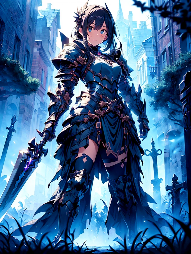 (((masterpiece, best quality, high detailed, 8k))) Design a layout showcase Gaming character, (1girl). Black|Gold clothes, stylish and unique. ((showcase weapon:1.4)), dark scythe. (masterpiece:1.2), (best quality), 4k, ultra-detailed. (Step by step design, layout art:1.5), (luminous lighting, atmospheric lighting). necromancer, ((glove full hands)), (((revealing clothes:1.3))), vambraces, armored legwear, (((full_body_shot:1.4))). {In a haunted graveyard}.