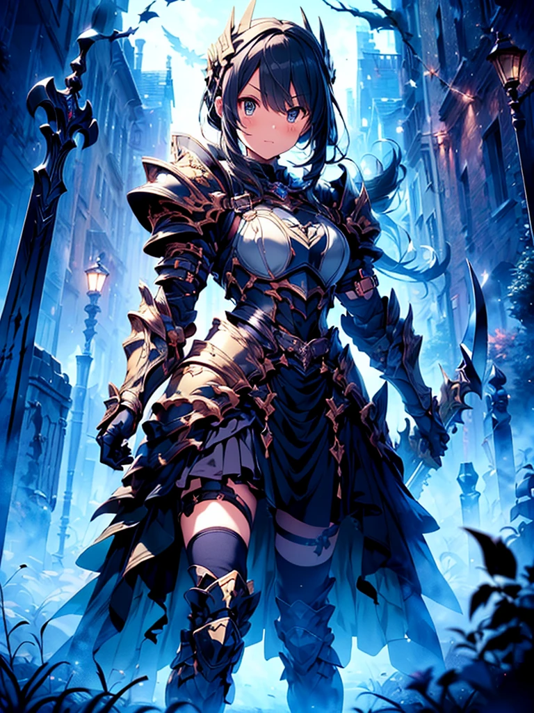(((masterpiece, best quality, high detailed, 8k))) Design a layout showcase Gaming character, (1skinny girl). Black+Gold armor, stylish and unique. ((showcase weapon:1.4)), dark scythe. (masterpiece:1.2), (best quality), 4k, ultra-detailed. (Step by step design, layout art:1.5), (luminous lighting, atmospheric lighting). necromancer, ((glove full hands)), (((revealing armor:1.3))), vambraces, armored legwear, (((full_body_shot:1.4))). {In a haunted graveyard}.