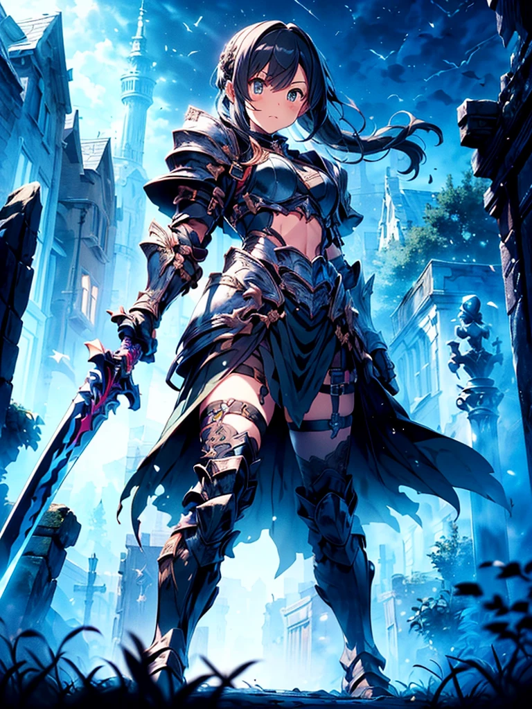 (((masterpiece, best quality, high detailed, 8k))) Design a layout showcase Gaming character, (1skinny girl). Black+Gold armor, stylish and unique. ((showcase weapon:1.4)), dark scythe. (masterpiece:1.2), (best quality), 4k, ultra-detailed. (Step by step design, layout art:1.5), (luminous lighting, atmospheric lighting). necromancer, ((glove full hands)), (((revealing armor:1.3))), vambraces, armored legwear, (((full_body_shot:1.4))). {In a haunted graveyard}.

