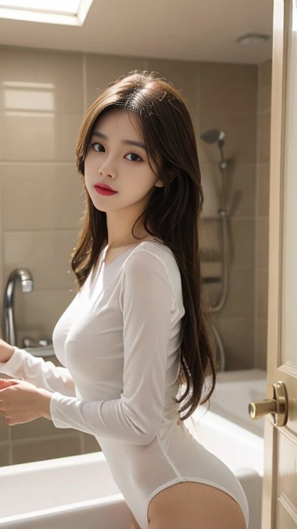 1 Girl,bathroom,Soft Light,Chinese Beauty,Bodysuit,Long hair
