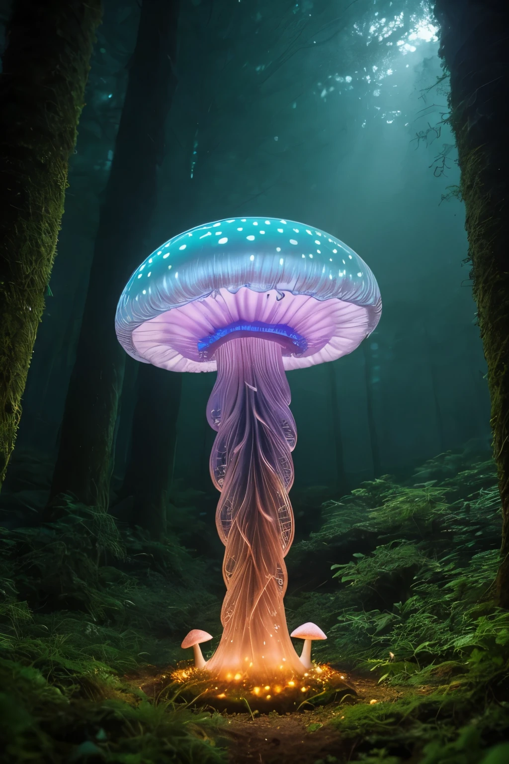 A jellyfish forest with mushrooms glowing in the dark, a forest fantasy in a nature scenery