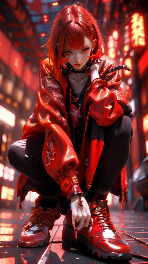 (masterpiece:1.2), Highest quality,CG,3d, Samurai Girl,
One girl, Red eyes, Earrings, alone, multicoloRedhead, jewelry, View your viewers, Blurred, whole body, bangs, Redhead, Jacket, squat, Blurred background, choker, short hair, Long sleeve, Red nails, Mouth closed, Red footwear, Floral print, red Jacket, Striped Hair,knife