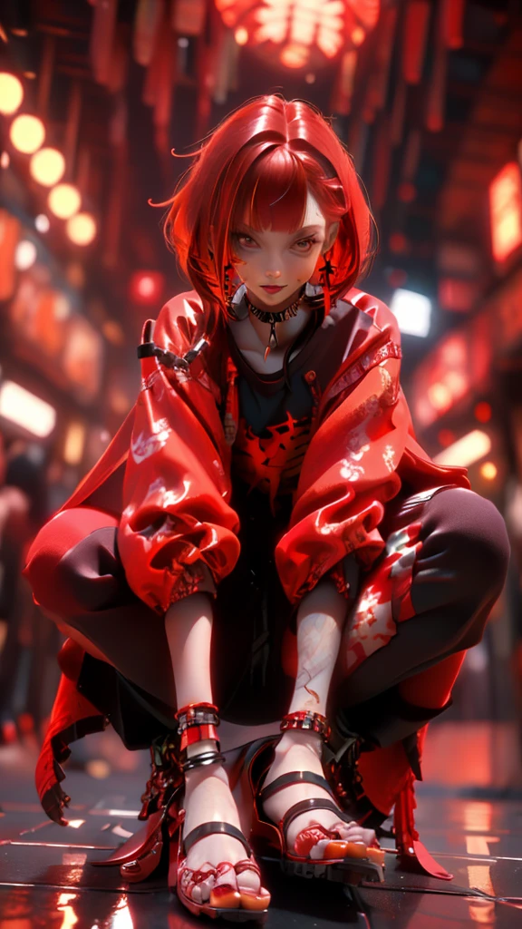 (masterpiece:1.2), Highest quality,CG,3d, Samurai Girl,
One girl, Red eyes, Earrings, alone, multicoloRedhead, jewelry, View your viewers, Blurred, whole body, bangs, Redhead, Jacket, squat, Blurred background, choker, short hair, Long sleeve, Red nails, Mouth closed, Red footwear, Floral print, red Jacket, Striped Hair,knife