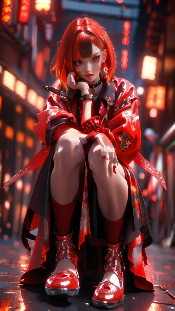 (masterpiece:1.2), Highest quality,CG,3d, Samurai Girl,
One girl, Red eyes, Earrings, alone, multicoloRedhead, jewelry, View your viewers, Blurred, whole body, bangs, Redhead, Jacket, squat, Blurred background, choker, short hair, Long sleeve, Red nails, Mouth closed, Red footwear, Floral print, red Jacket, Striped Hair,knife