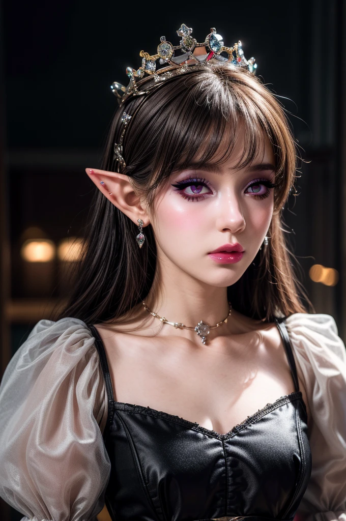 masterpiece,best quality,realistic,highres,Highly detailed,blurry background,1girl,((portrait)),close-up,bangs,elf,elf ear,crystal earrings,((crown)),crystal crown,(black dress),(juliet sleeves),corset,red_bow,collar,((night)),fluorescent plant,neon lights,