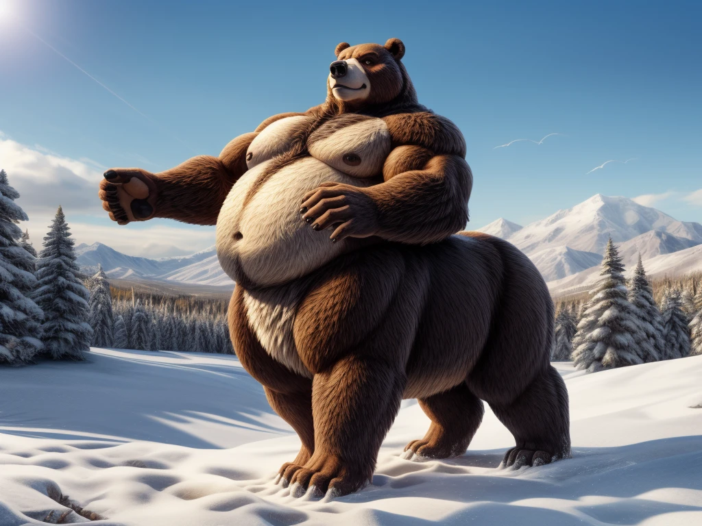 furry, fur taur, beartaur, middle-age, solo,1man, detailed face, bear ears, bear eyes(brown), bear nose(black), bear mouth, beard(grey), mature hair(grey), detailed arm, thick arm, muscular, thick hands(5 fingers), detailed body belly, thick body, muscle belly(white), thick chest, chest hair(white), nipples, detailed taur body, thick taur body, thick bear paws, thick bear tail, full body shot, snow, cloud day, standing in the country