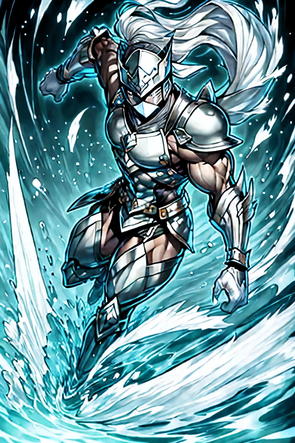 Silver male masked warrior overflowing water power 