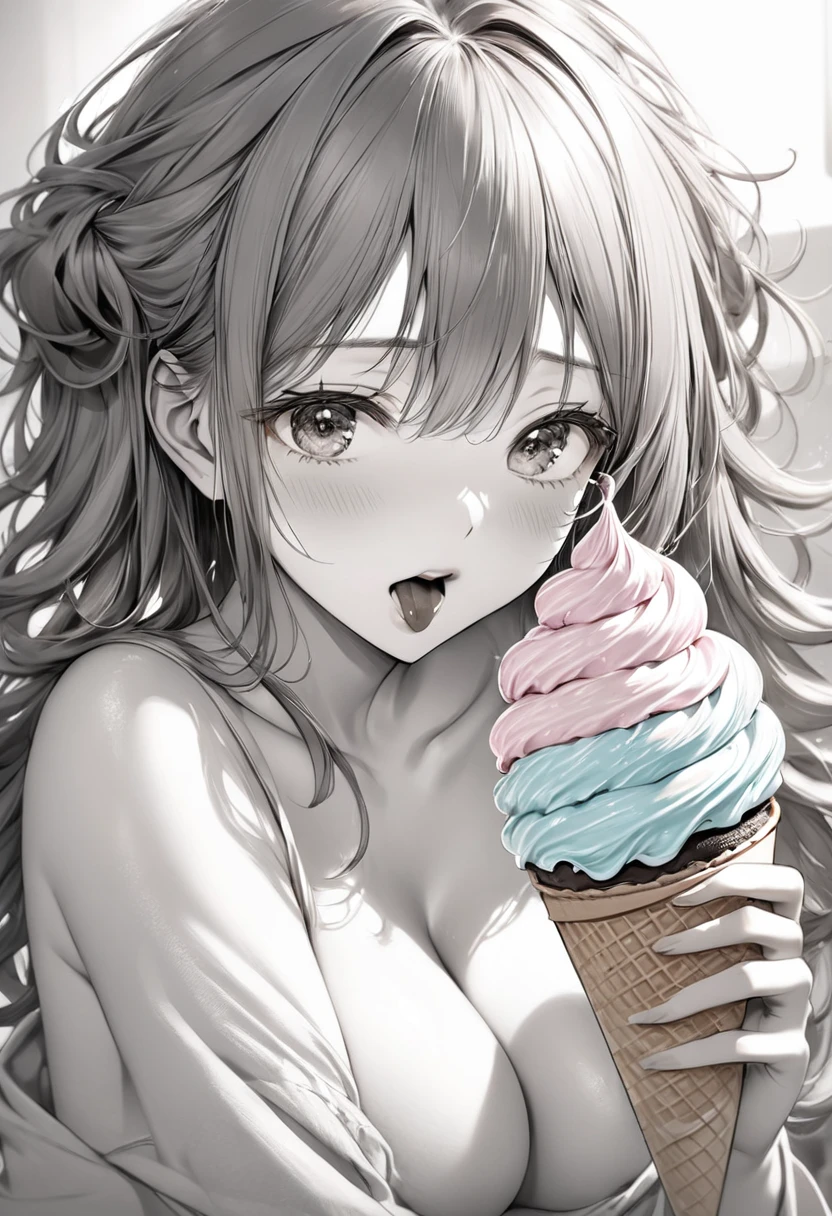 monochrome, pencil sketch art, cute woman, amorous and lewd face, mouth half open, sighing, messy hair, great proportion, loose clothing, 2.5D, delicate and dynamic, shading effects, hyper realistic, BREAK colorful soft serve ice cream, only soft serve ice cream is colored