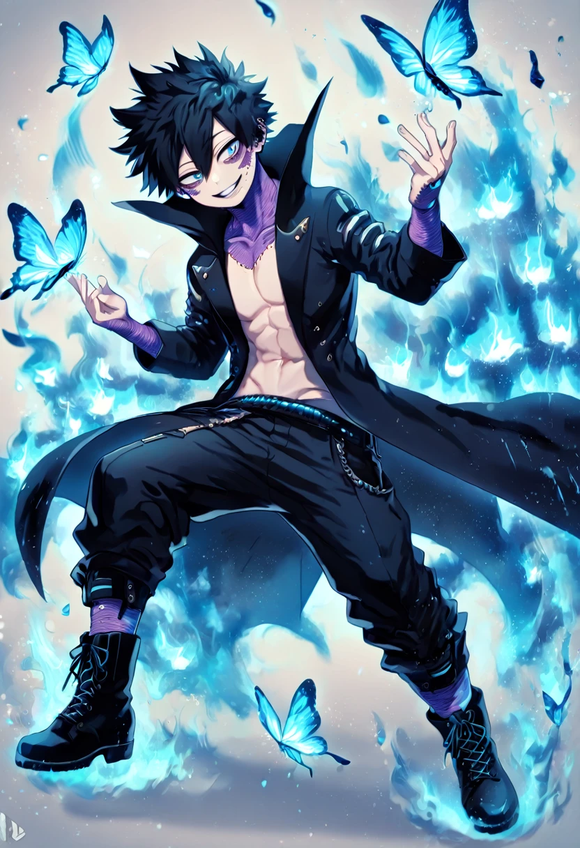 absurdres, highres, ultra detailed, HDR, master piece, best quality, extremely detailed face, delicated features, Dabi, black hair, expressive turquoise eyes, Boku No Hero Academia, solo, sexy man, handsome, smiling, black coat, black pants, black boots, fantasy, magical, blue fire butterflies, fire flowers, blue fire, blue flames, background in flames 