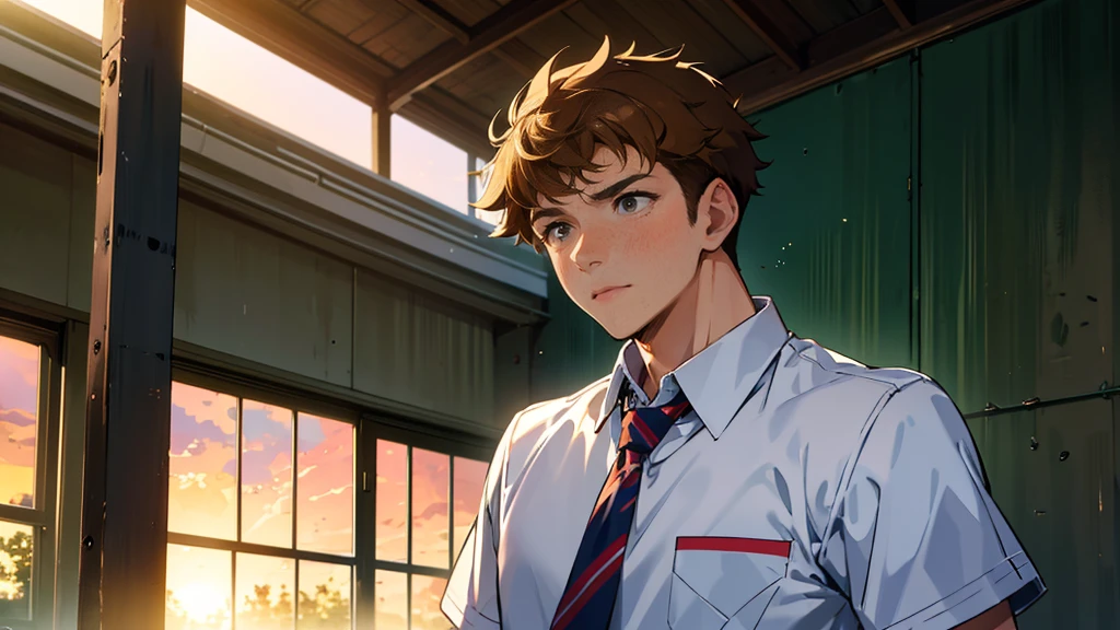 The background is the back of the gymnasium illuminated by the summer sunset.、An upper body shot of a manly, handsome high school boy、The high school boy has light brown hair, his ears and face are dyed red, and he is looking at me with a very embarrassed expression.、He is wearing his summer uniform and his tie is loose.
