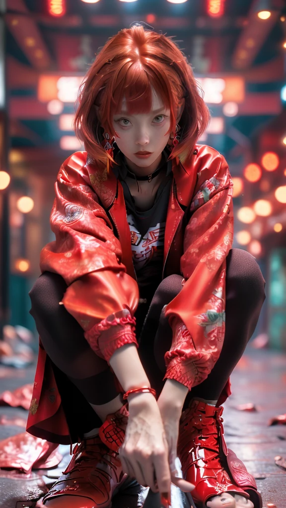(masterpiece:1.2), Highest quality,Samurai Girl,
One girl, Red eyes, Earrings, alone, multicoloRedhead, jewelry, View your viewers, Blurred, whole body, bangs, Redhead, Jacket, squat, Blurred background, choker, short hair, Long sleeve, Red nails, Mouth closed, Red footwear, Floral print, red Jacket, Striped Hair,knife