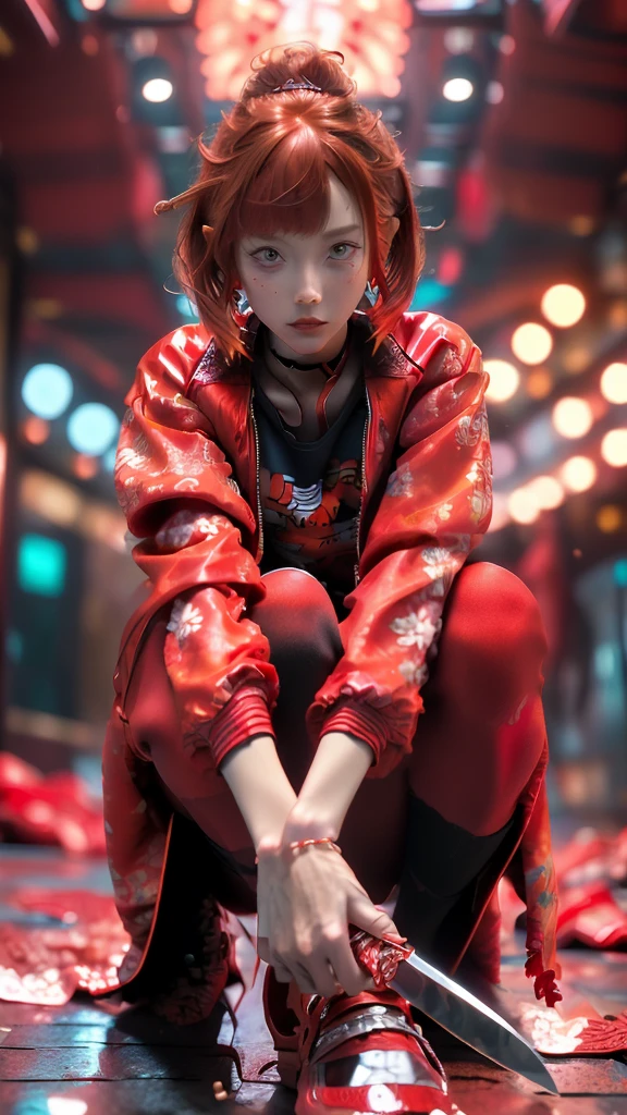 (masterpiece:1.2), Highest quality,Samurai Girl,
One girl, Red eyes, Earrings, alone, multicoloRedhead, jewelry, View your viewers, Blurred, whole body, bangs, Redhead, Jacket, squat, Blurred background, choker, short hair, Long sleeve, Red nails, Mouth closed, Red footwear, Floral print, red Jacket, Striped Hair,knife