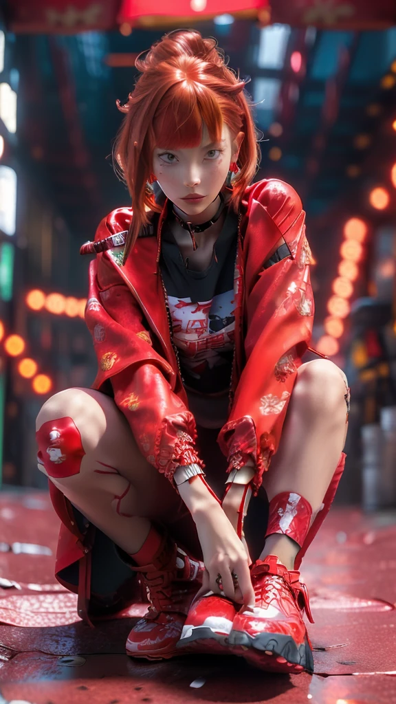 (masterpiece:1.2), Highest quality,Samurai Girl,
One girl, Red eyes, Earrings, alone, multicoloRedhead, jewelry, View your viewers, Blurred, whole body, bangs, Redhead, Jacket, squat, Blurred background, choker, short hair, Long sleeve, Red nails, Mouth closed, Red footwear, Floral print, red Jacket, Striped Hair,knife