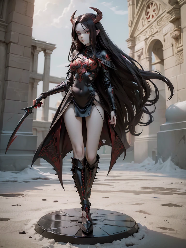 (((Best Quality))), (((Masterpiece))), ((Realistic)) ((full body shot)) slender cute pale demon girl, pointing ears, (red colored eyes), (long black hair), wearing demon armor (intricate details:1.5) holding a giant demon stylish scythe.