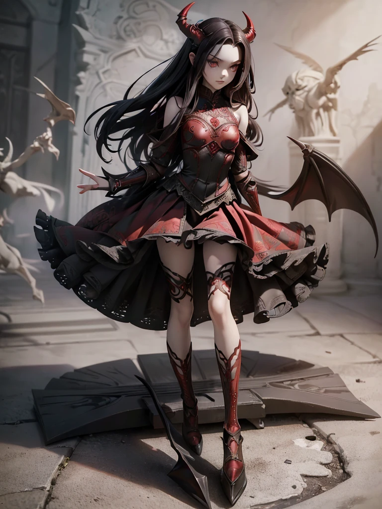 (((Best Quality))), (((Masterpiece))), ((Realistic)) ((full body shot)) slender cute  pale demon girl, pointing ears, (red colored eyes), (long black hair), wearing demon armor (intricate details:1.5) holding a giant demon stylish scythe.