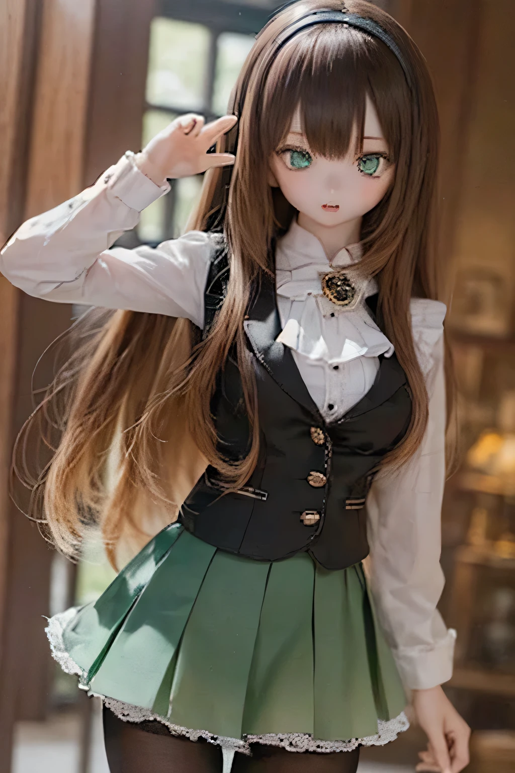 (SFW:2), photorealistic, realistic photo, 8k, ((highest quality)), ((masterpiece)), (extremely detailed), kukolnydom, doll, (mature woman, 21yo, 21 years old, solo:1.6), ((cowboy shot, stylish pose, slim, slender, skinny, medium breasts, hairband, ascot, vest, blouse, long puff sleeves, pleated skirt, black pantyhose)), (green eyes, brown hair, long hair, plastic skin, looking at another, glass eyes, gradient eyes, shining eyes, detailed eyes:1.3)