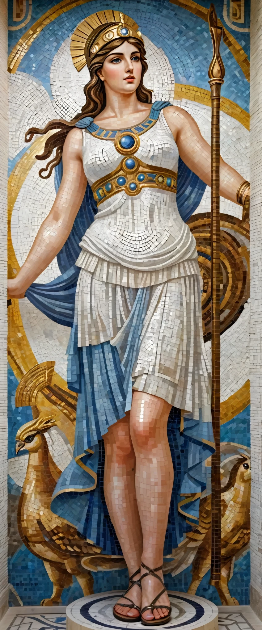 (8k, Highest quality, masterpiece),(Realistic, RAW Photos, Super Fine Clear), Realistic Light, mural, Beautiful girl mosaic, Beautiful mosaics, Detailed depiction, ((Greek Mythology, Athena, huge bouncing busts, Alluring, Ancient Greek Costume))