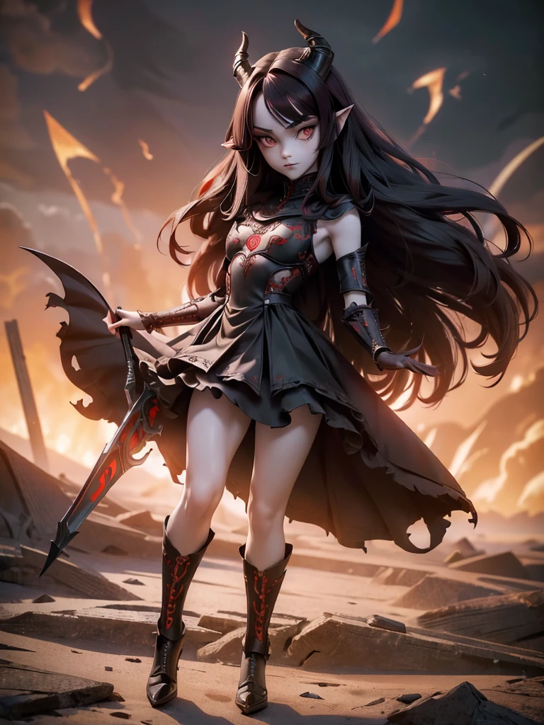 (((Best Quality))), (((Masterpiece))), ((Realistic)) ((full body shot)) slender cute  pale demon girl, pointing ears, (red colored eyes), (long black hair), wearing demon armor (intricate details:1.5) holding a giant demon stylish scythe.