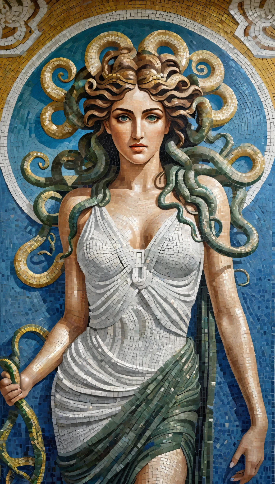 (8k, Highest quality, masterpiece)，(Realistic, RAW Photos, Super Fine Clear), Realistic Light, mural, Beautiful girl mosaic, Beautiful mosaics, ((Greek Mythology, Medusa, Ancient Greek Costume))