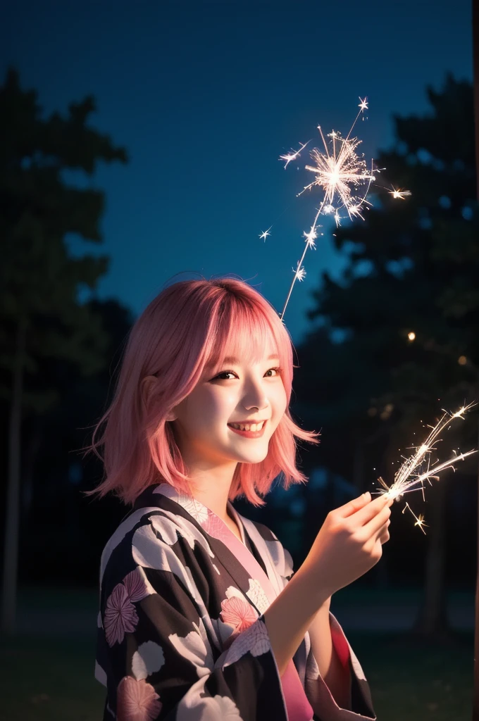 masterpiece, 4K, 8k, RAW photo, realistic, in the park at night, cute, 22 years old, There is a woman holding a sparkler in her hand, Wearing a colorful yukata, pink hair, upper body, Portrait Shot, Beautiful images, smile, outdoor, dark night