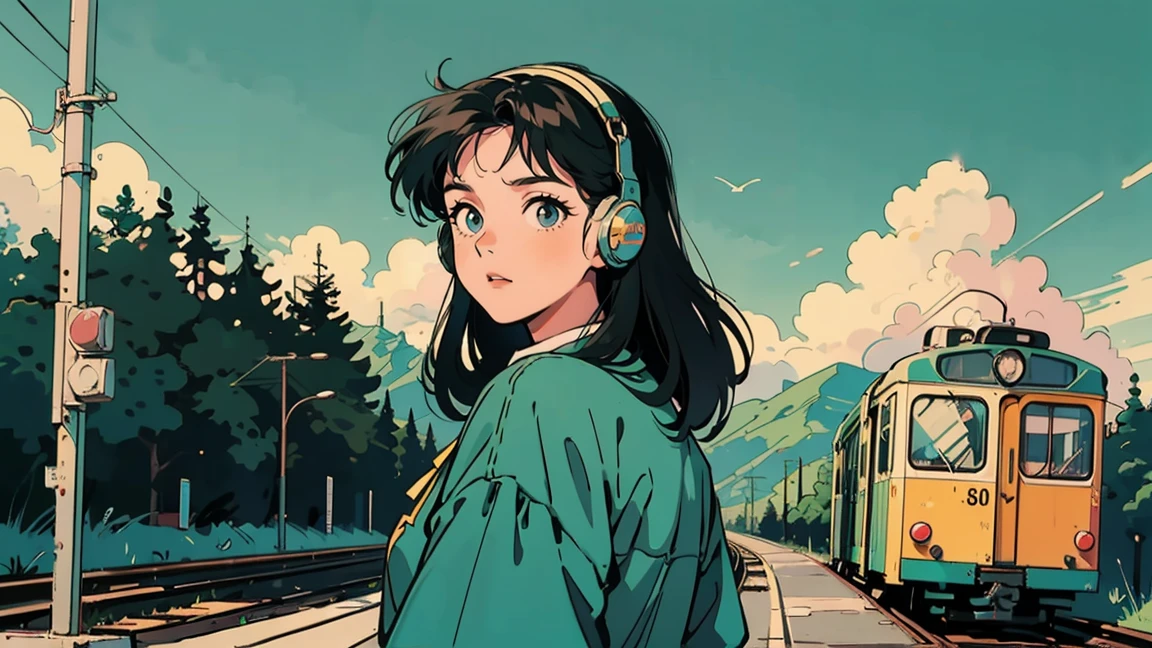 Train path along the coast. A green and yellow streetcar is stopping. In the background is the blue sea, sky, and white clouds. In the foreground is a railroad crossing sign, and a 21-year-old girl in 80's style is wearing headphones and looking back in front of the train. The overall color scheme has a retro feel.