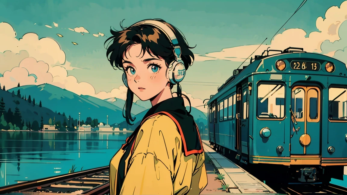 Train path along the coast. A green and yellow streetcar is stopping. In the background is the blue sea, sky, and white clouds. In the foreground is a railroad crossing sign, and a 21-year-old girl in 80's style is wearing headphones and looking back in front of the train. The overall color scheme has a retro feel.