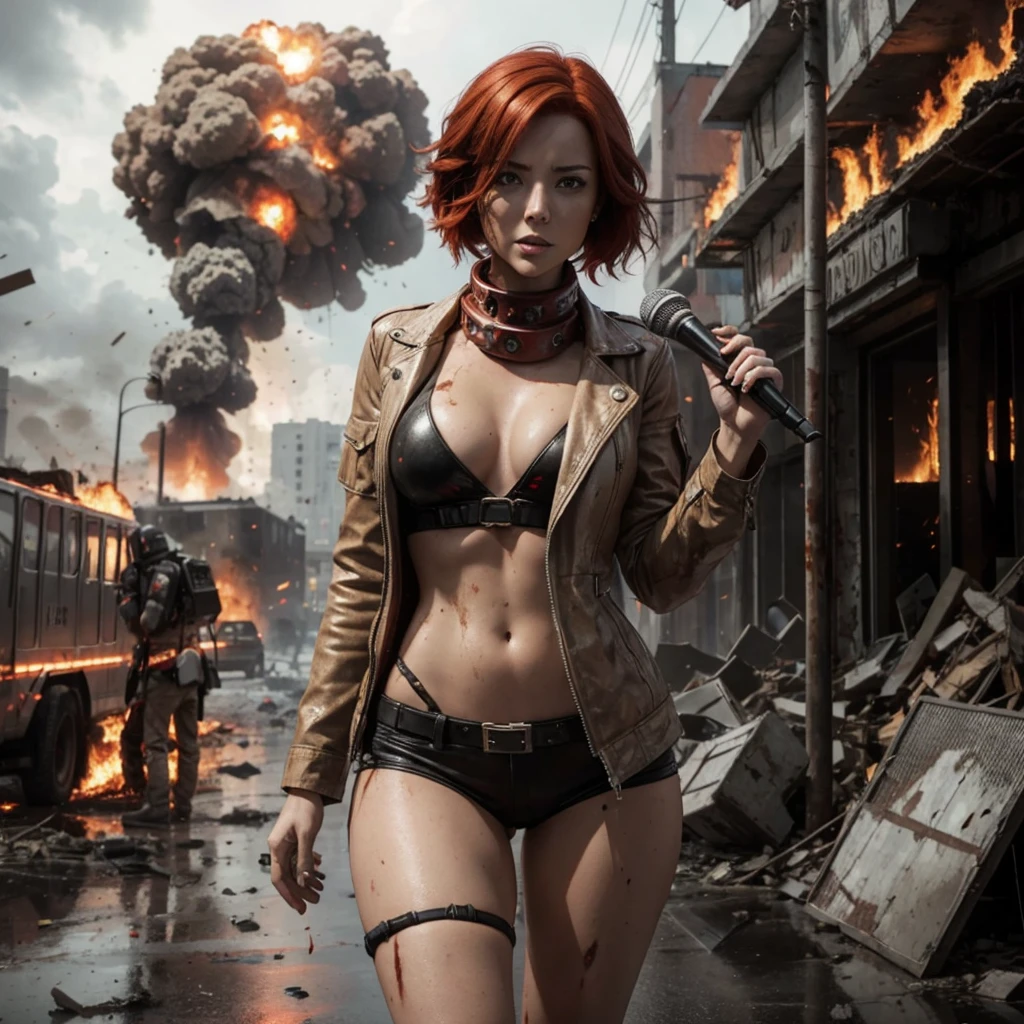 A female reporter with red hair holding a mic, A doomsday scene, chaotic, destruction, explosion, burning, meteorites rained down on the earth, post-apocalyptic
