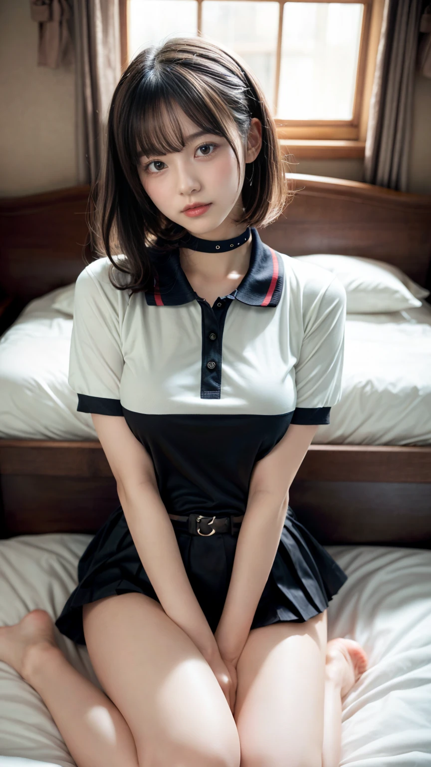 (8k, original photo processing, best quality, masterpiece: 1.2, thighs,), (realistic, realistic, photo realistic: 1.37), ultra-detailed,
Beautiful delicate eyes, beautiful delicate nose, flat chest, JK uniform, pleated skirt, stockings, tall slim beauty, short hair, princess room