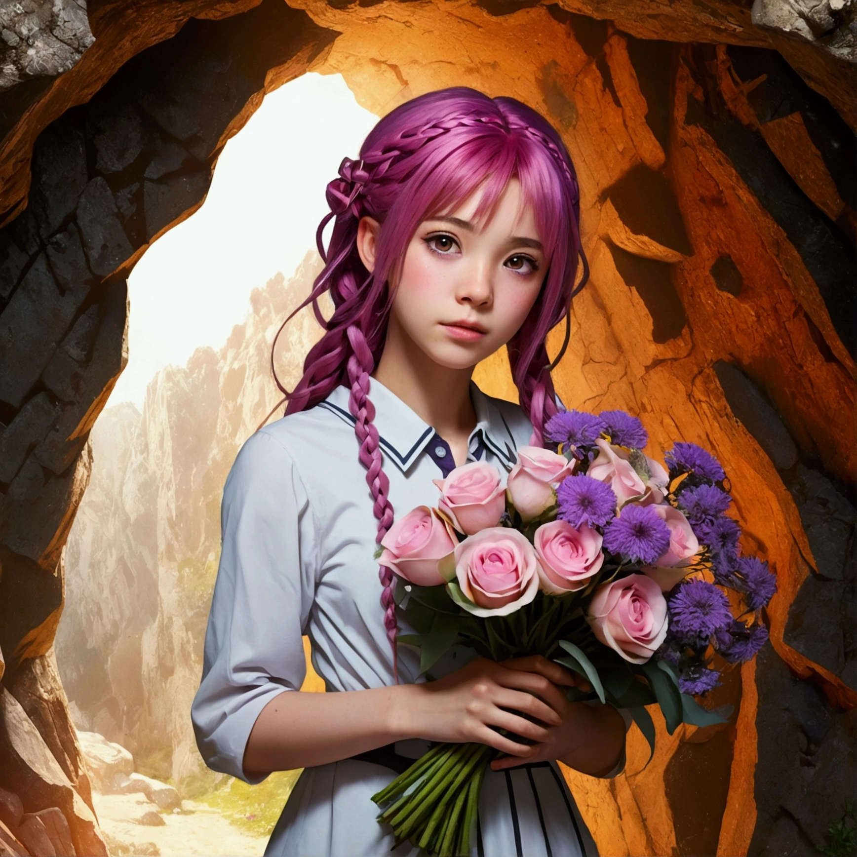 (ultra-Detailed Background, Detailed Background), Absurd, High resolution, Super detailed, Very detailed, One girl, yae miko, Pink Hair, Purple eyes, (bouquet:1.3), (Tangled:1.2), (Geometric:1.2),(colorful),((Domestically human))Abandoned cave: Novel-style, Rempie, mystery, Individuality, Unique places, Closed, Horizontal view