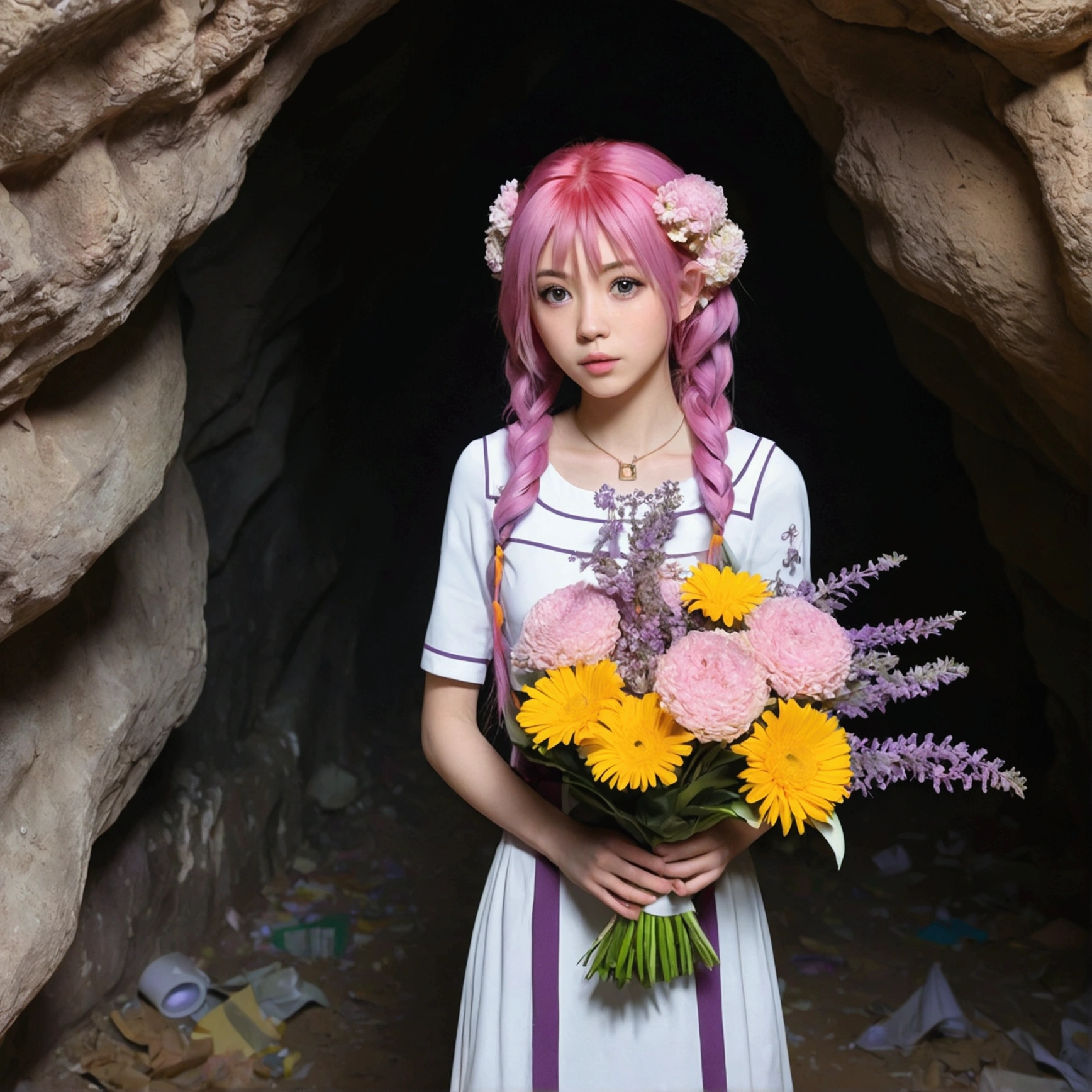 (ultra-Detailed Background, Detailed Background), Absurd, High resolution, Super detailed, Very detailed, One girl, yae miko, Pink Hair, Purple eyes, (bouquet:1.3), (Tangled:1.2), (Geometric:1.2),(colorful),((Domestically human))Abandoned cave: Novel-style, Rempie, mystery, Individuality, Unique places, Closed, Horizontal view